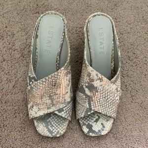 1. State Graible Snakeskin Open Square Toe Heel Mules